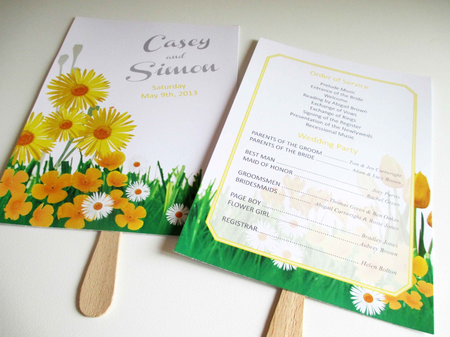 PRINTABLE 5x7" Spring Fling Floral Wedding Program Fan, Yellow and Green
