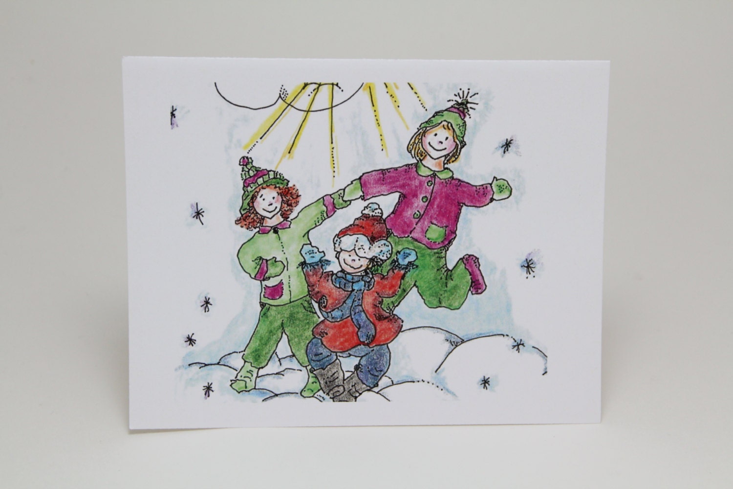 Greeting Card, Dancing in Snow Blank Card, Watercolor Pencil Drawing