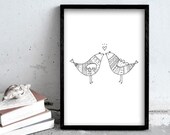 A3 illustration, 30x40 black pen print, love birds kiss art print, large wall art, poster wall decoration