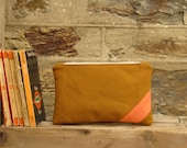 Medium pouch. cotton stripe lining. Golden brown and dusky orange. YKK metal zip. Clutch / cosmetic bag.
