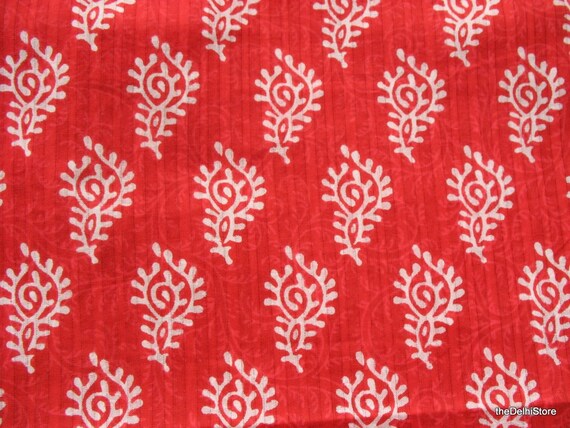 Indian Block Print Pure Dobby Cotton Red Fabric by theDelhiStore