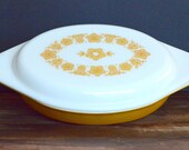 Pyrex USA: "Butterfly Gold" oval divided dish (circa 1972-1981)