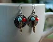Silver Circle Disc Dangle Earrings Bronze Chains Mint and Crystal Beads Bohemian Rustic Jewelry