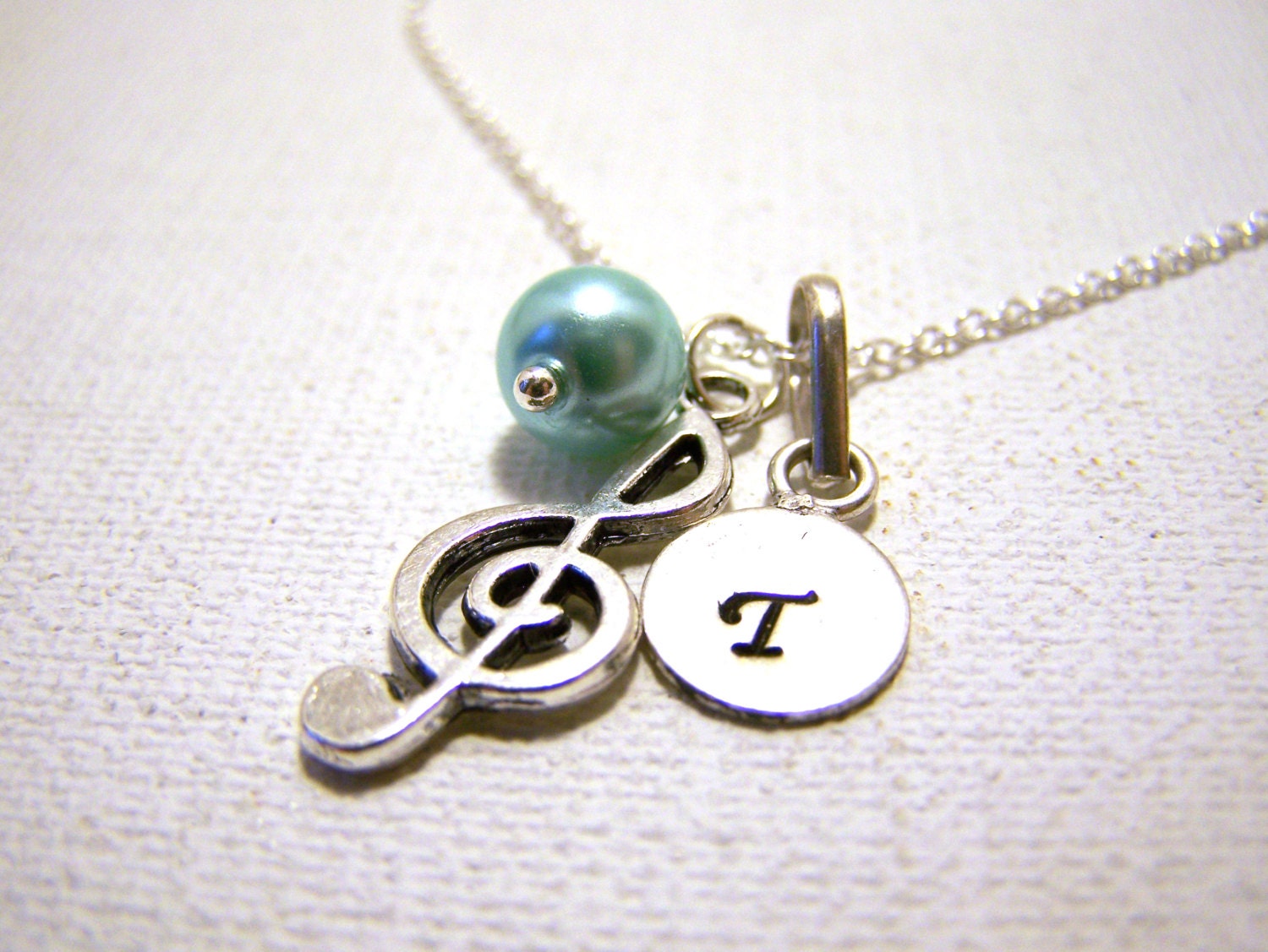 On Sale - Musical Treble Clef Glass Pearl and Hand Stamped Initial Sterling Silver Necklace / Music Necklace / Gift for Her