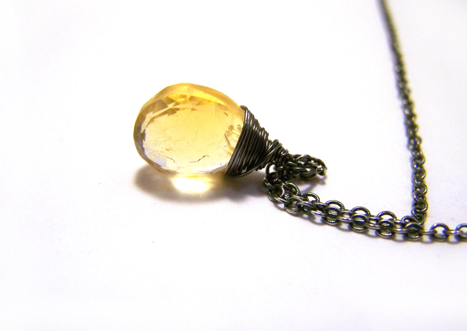 Dainty Oxidized Sterling Silver Citrine Gemstone Wire Wrapped Briolette Necklace / Gift for Her
