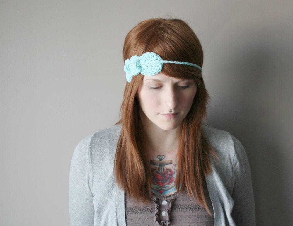 Leafy Halo Headband . Crochet Woodland Boho Hippie Hair Band . Tie On Head Wrap - Minty Blue