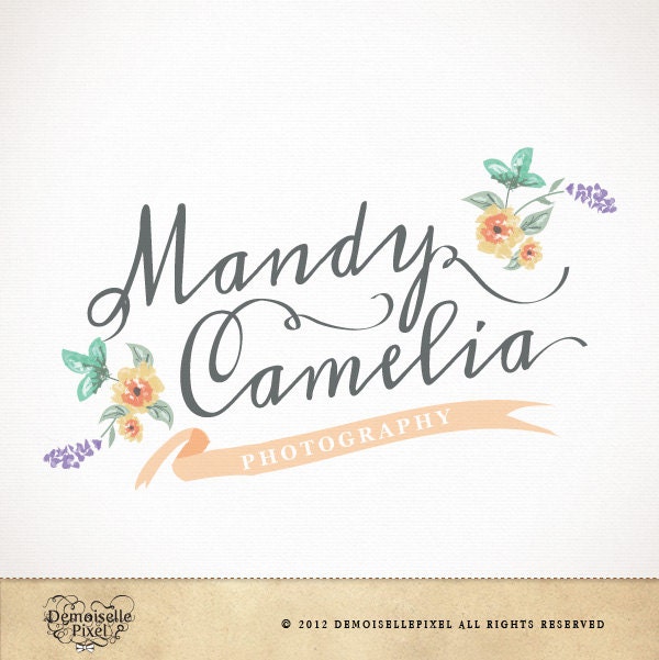 Logo design premade with hand drawn flowers and banner for photography, boutique