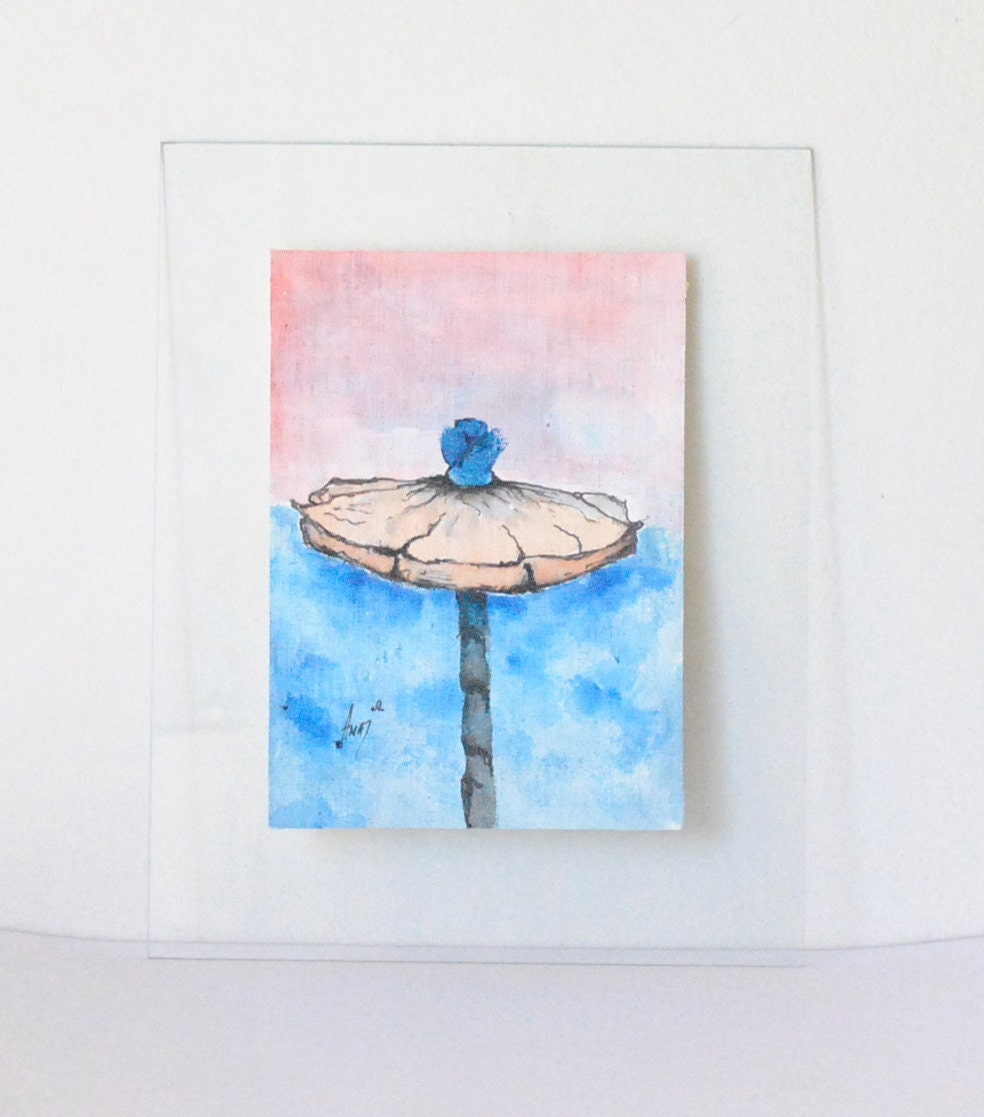 Surreal Floral Water inspired original Fine ART made on canvas Painting blue pink yellow flower 5 x 7