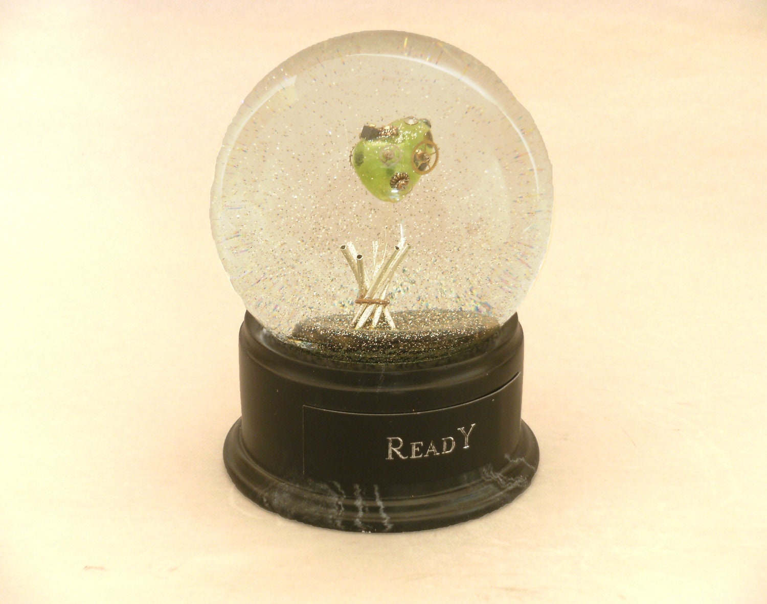 Ready - Green Glass Heart Snow globe with steampunk flair, one of a kind