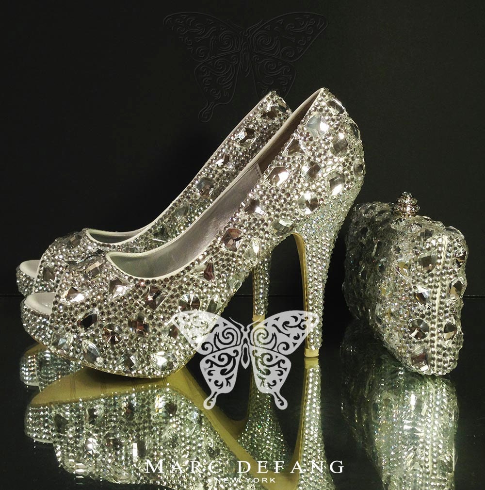 Ultimate Luxury Diamond Frost Clear Crystals Peep Toe Heels & Clutch Bag Set