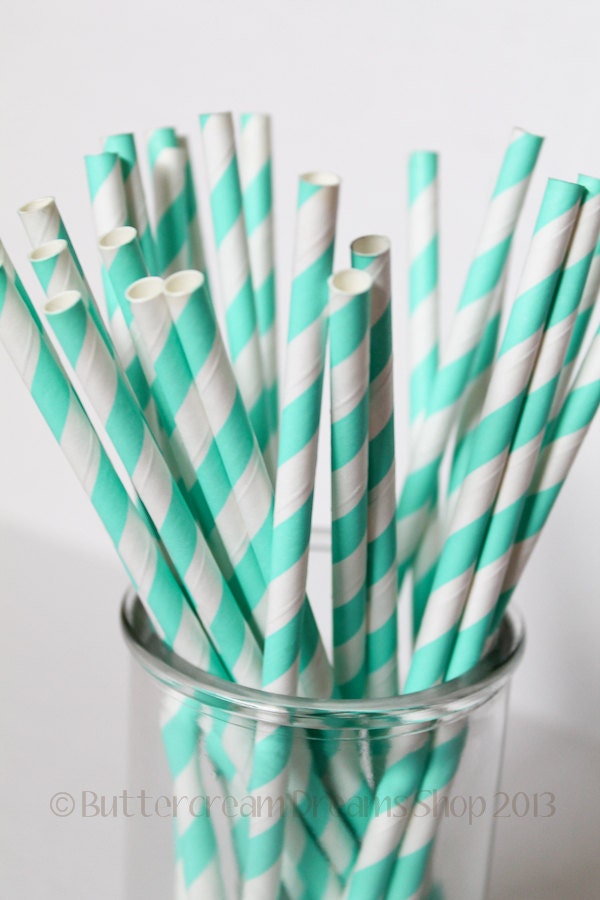 Striped Paper Drinking Straws (25) - LIGHT TURQUOISE (Robins Egg Blue) - Includes Free Printable Straw Flags Il_570xn