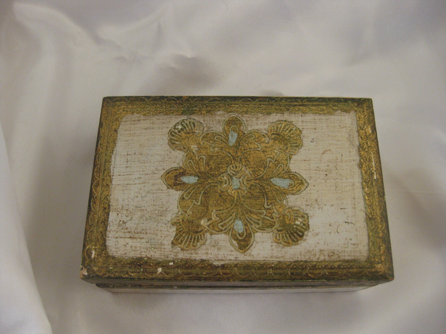 Vintage Italian Florentine Hinged Gilded Wood Trinket, Jewelry Box Gold White & Turquoise