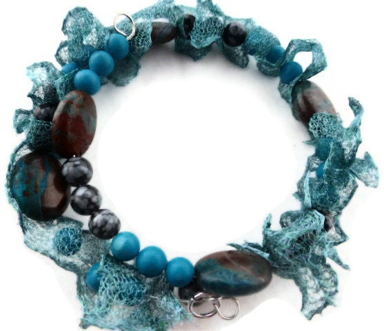 gemstone bracelet, teal mesh ribbon, blue ribbon jasper, magnesite, snowflake obsidian, silver memory wire, UK seller
