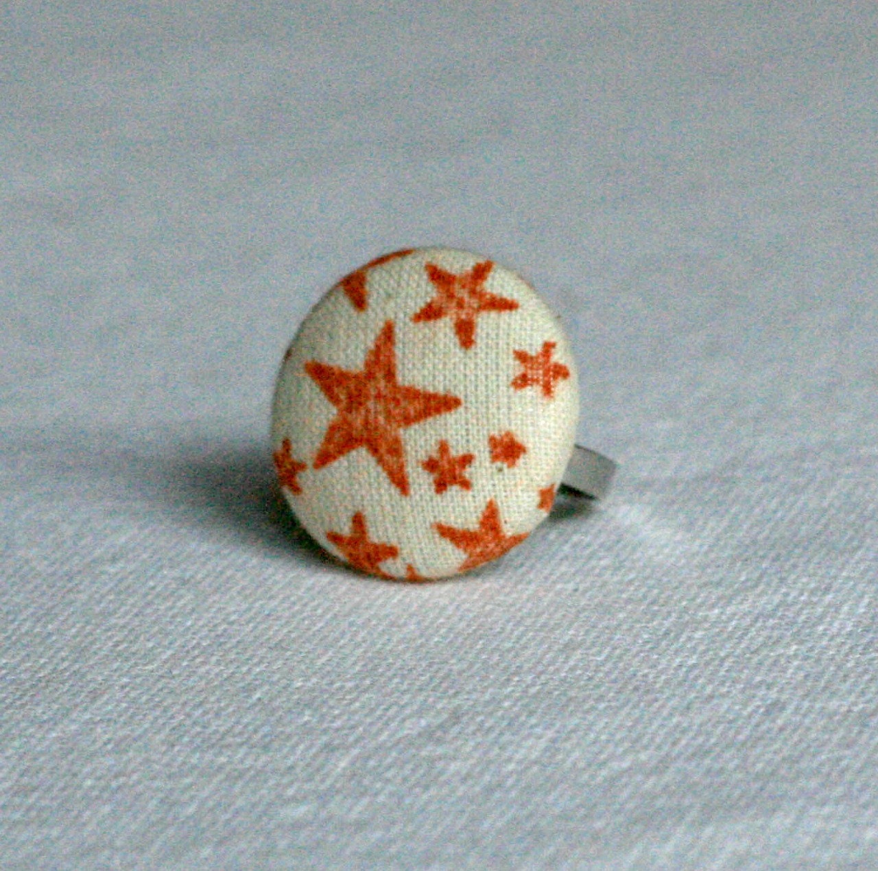 Orange Hand Stamped Star Fabric Covered Button Ring