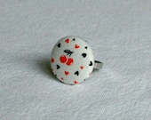 White & Red Cherry Print Fabric Covered Button Ring