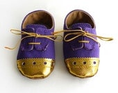 Baby Shoes Boy or Girl Purple Canvas with Gold Brogued Leather Crib Shoes