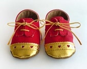 Baby Girl Shoes - Red Canvas with Brogued Gold Leather Crib shoes