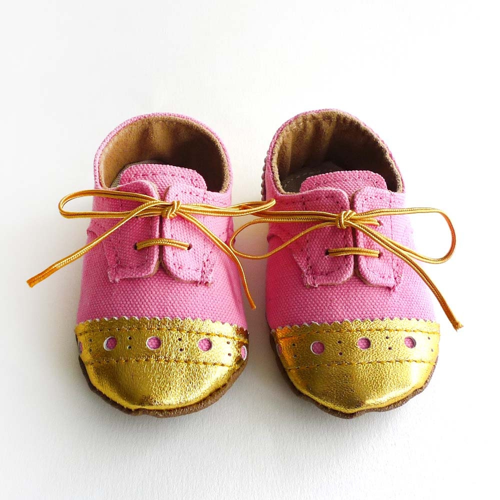 Baby Girl Shoes Bright Pink Canvas with Gold Brogued Leather Crib shoes