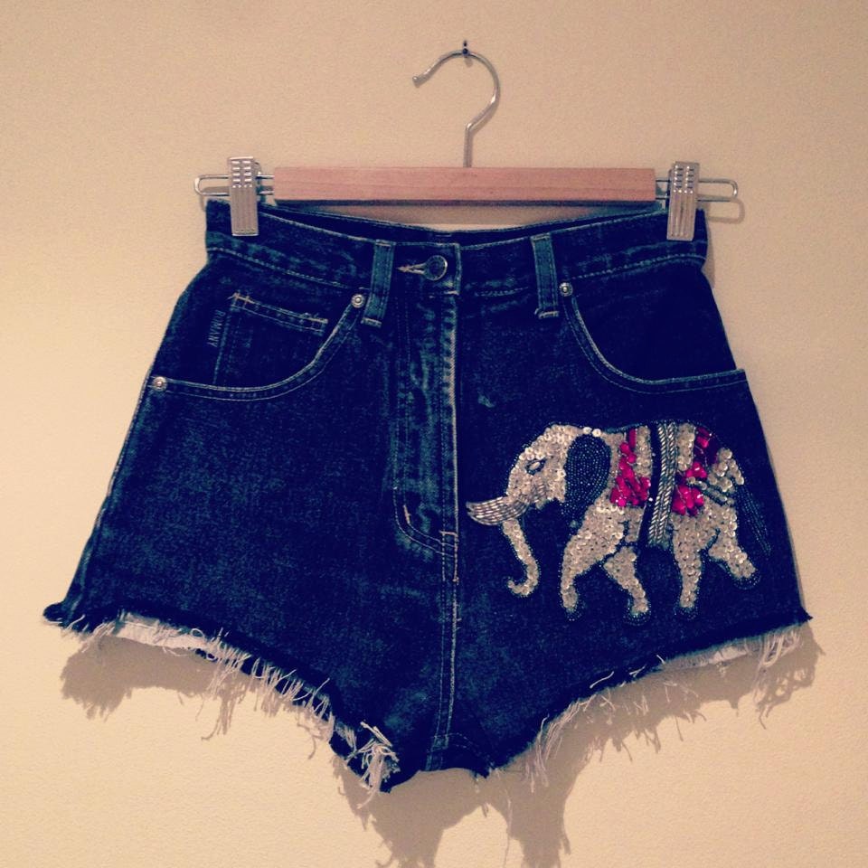 Vintage grey high waisted denim shorts with sequin and beaded elephant applique patch
