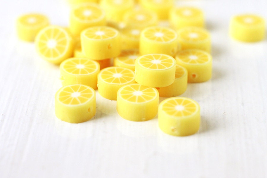 25pcs Polymer Clay Lemon Beads in Bright Lemon Yellow, Cute Fun Fruity Lemon Slices Center Drilled 10x5mm - StarJuice