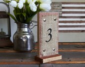 Wood and Burlap Table Numbers Romantic Font - Country Wedding - Rustic Wedding - Free Standing Table Numbers - Fall Wedding