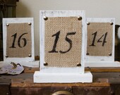 Wood and Burlap Table Numbers Romantic Font - Country Wedding - Rustic Wedding - Free Standing Table Numbers - Fall Wedding