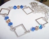 sterling squares necklace, blue and topaz crystal choker