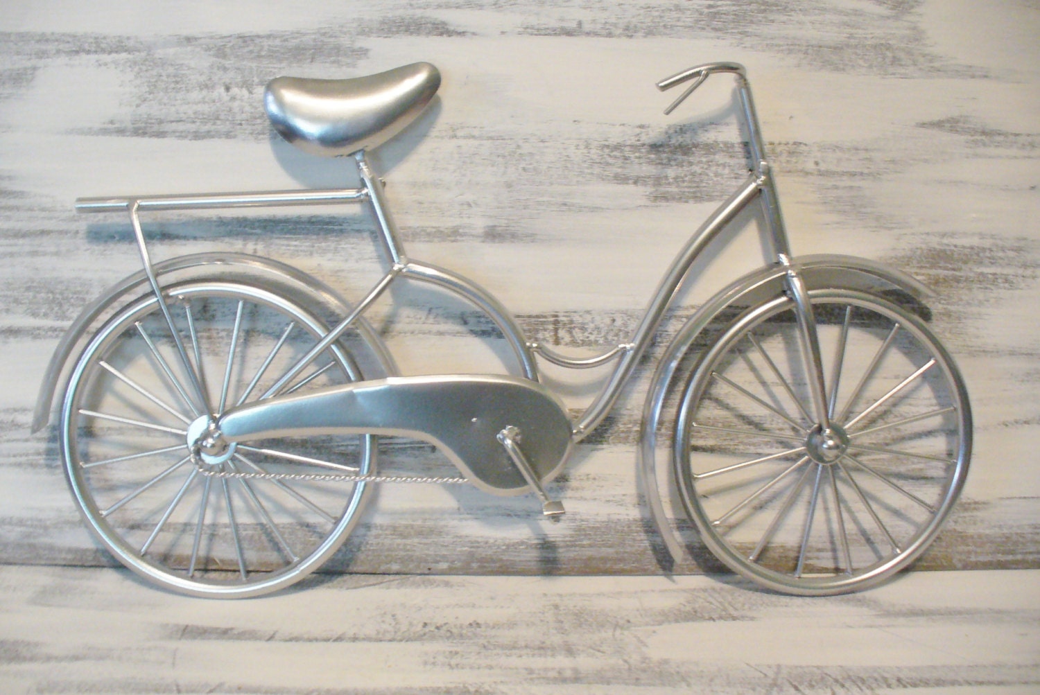 Metal Art Bicycle Wall Decor Hanging Silver Foil Metallic Shabby Cottage Chic Style