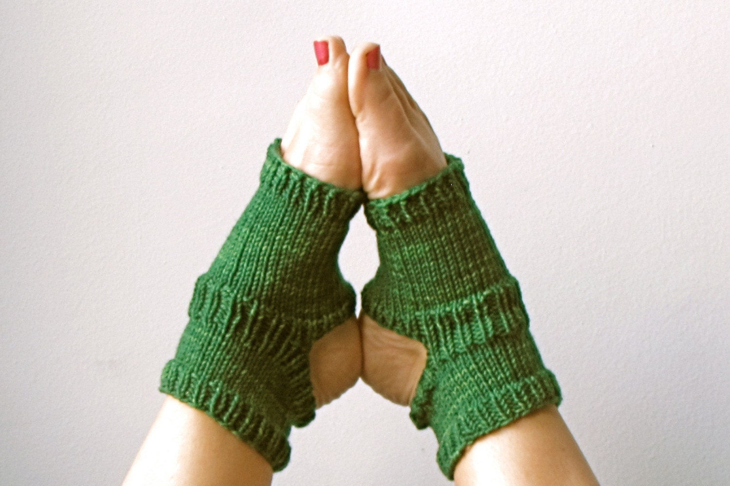 Knitted Yoga Socks,  Hand Knit Pedicure Socks, Green Woolen Toe-Less Socks