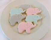 Elephant cookie favors for a baby shower/ baby gender reveal, decorated in your choice of color, 1 dozen