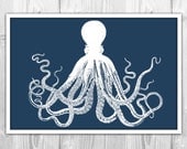 Octopus Large Poster - Navy Blue and White Vintage Bodner Octopus Decor - Bathroom, Nursery, Home Decor