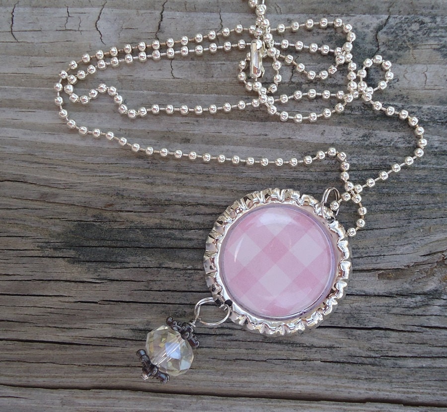 Pretty in Pink Plaid Bottle Cap Charm Necklace