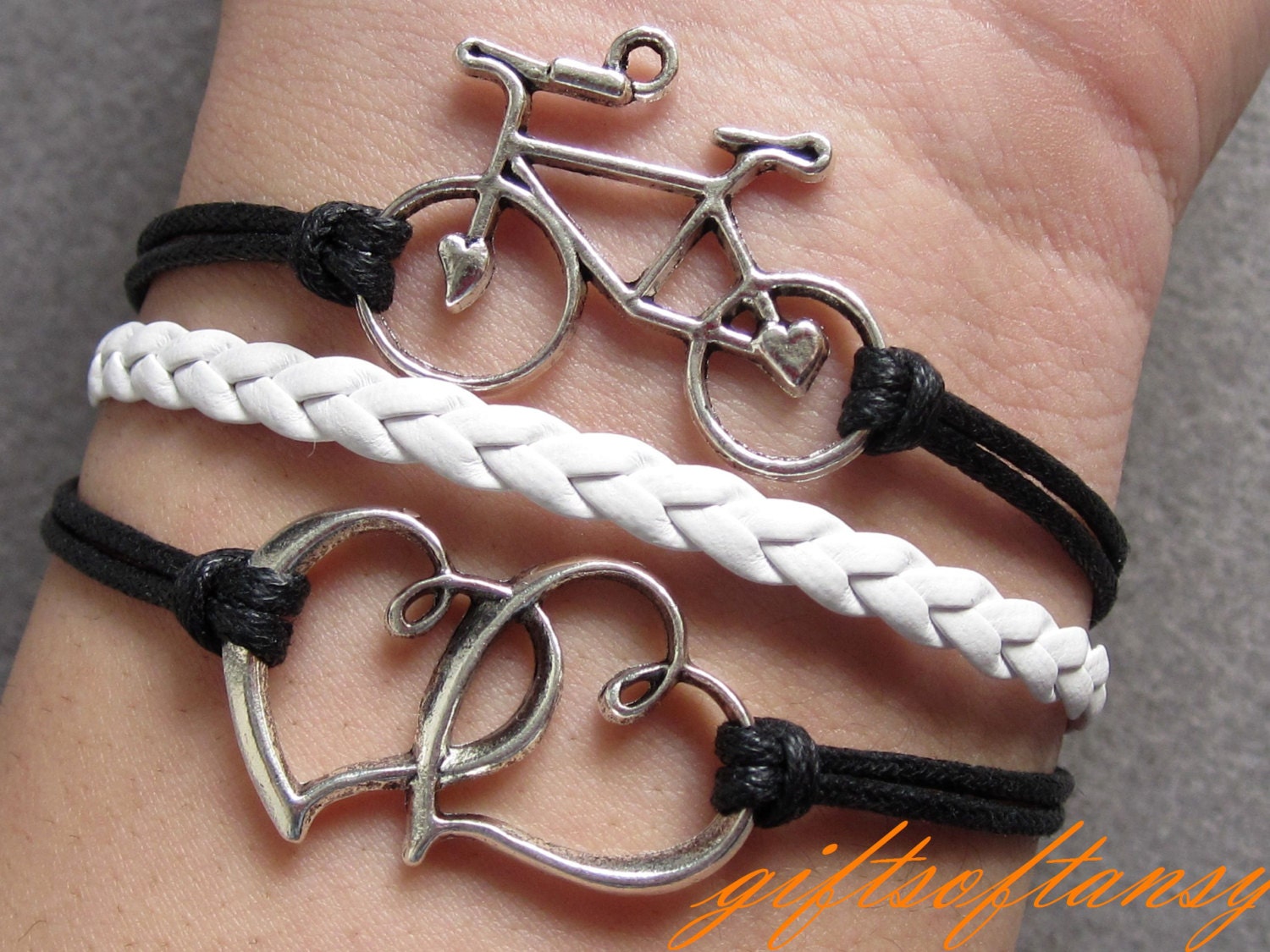Bicycle Bracelet---Antique Silver Love Heart 2 Heart Bracelet, Silver Bike Bracelet, Black wax cord and white Braid Bracelet -B491
