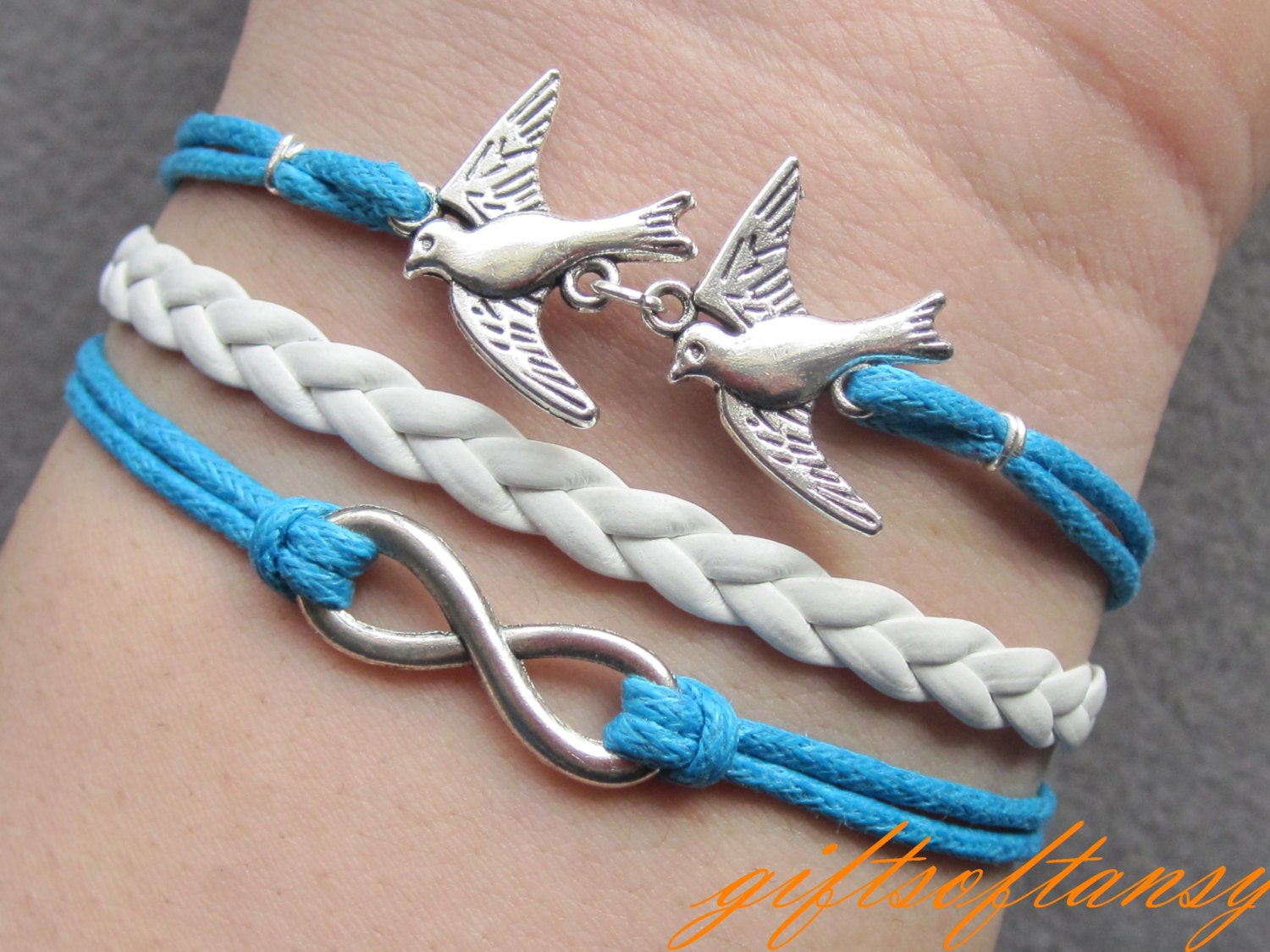 Infinity Bird Bracelet-Antique Silver Infinity Bracelet, Birds Bracelet, Skyblue Wax Cords and White Braid Bracelet-Y625