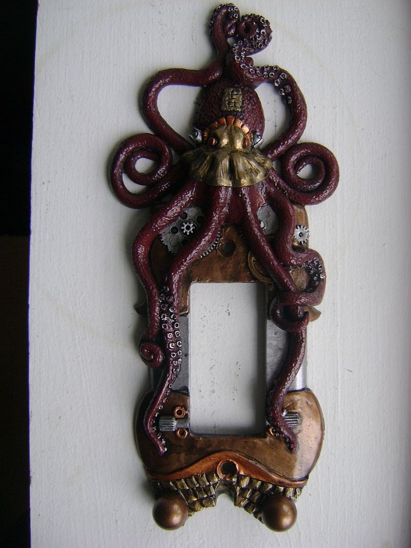 Red Steampunk Octopus Light Switch Rocker Style Cover with Key Chain Hanger. Animal Wall Art Sculpture Installation.