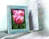 Photo Frame 6.7"x8.7" Silver metal with designs. Picture Frame Small Format, custom frames. Home Decor. Picture Frame. Silver, emerald