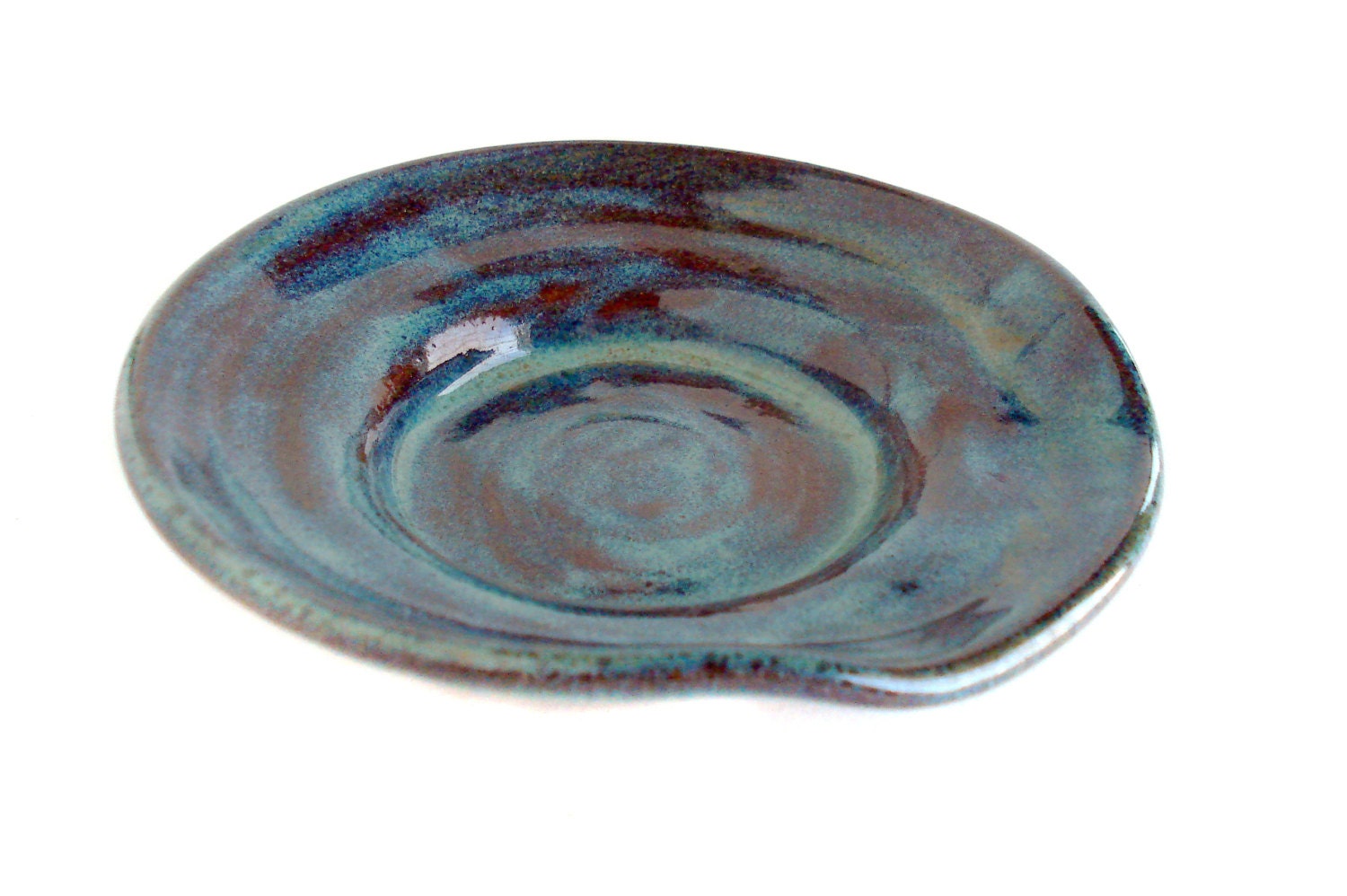Stoneware spoon rest: Kitchen pottery in teal and brown