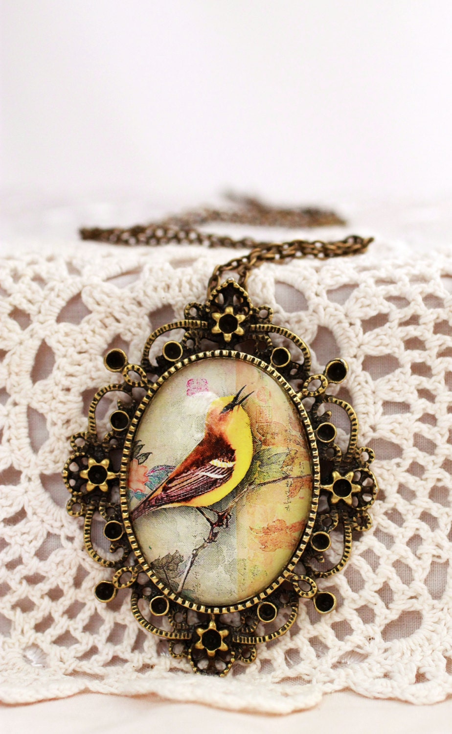 Yellow bird pendant, Victorian necklace, glass dome necklace, songbird, filigree, steampunk, Victorian
