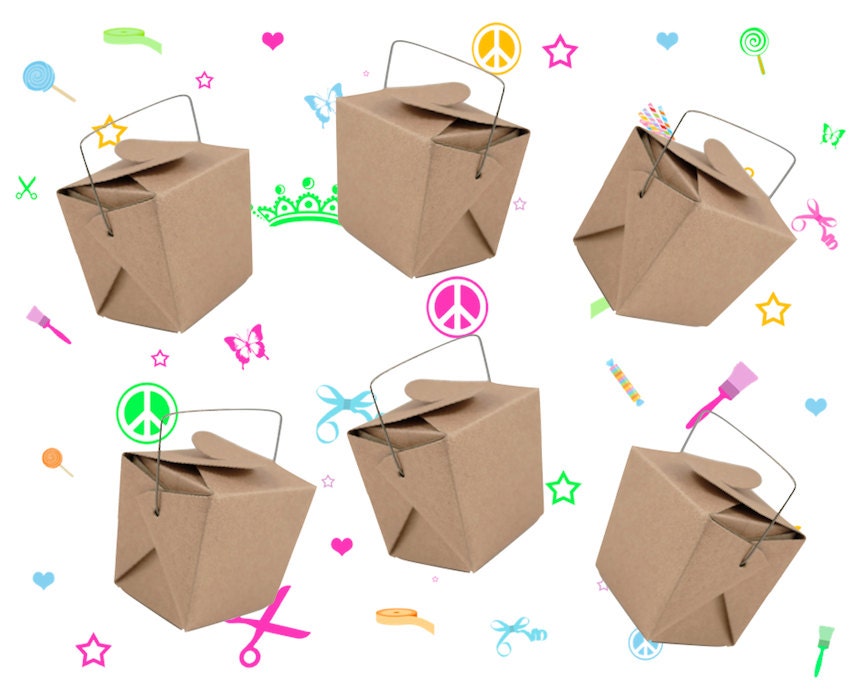 6 Mini Kraft Take Out Boxes with Handle - Birthday Mitzvah Shower Wedding Favor Box - Party Supplies