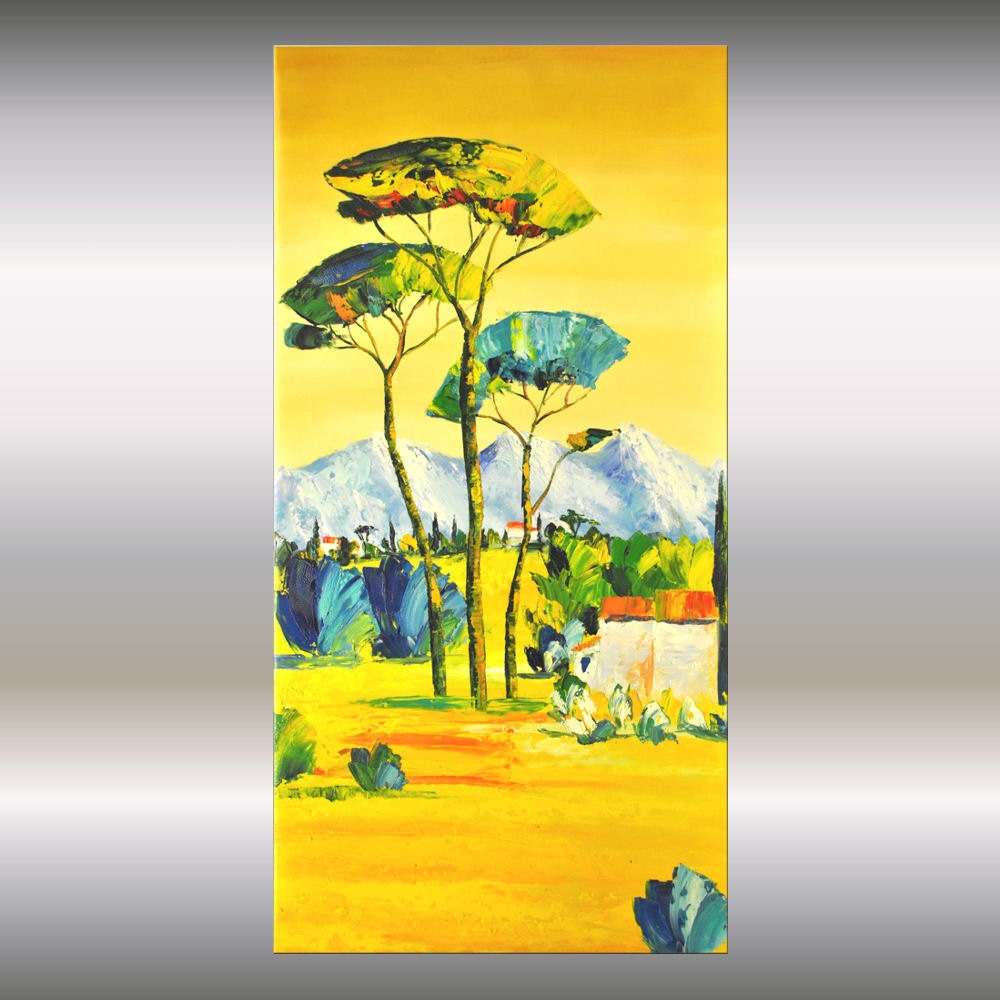 Abstract Painting 40" tree painting modern art fine art contemporary ochra turquoise landscape painting by Ettis Gallery