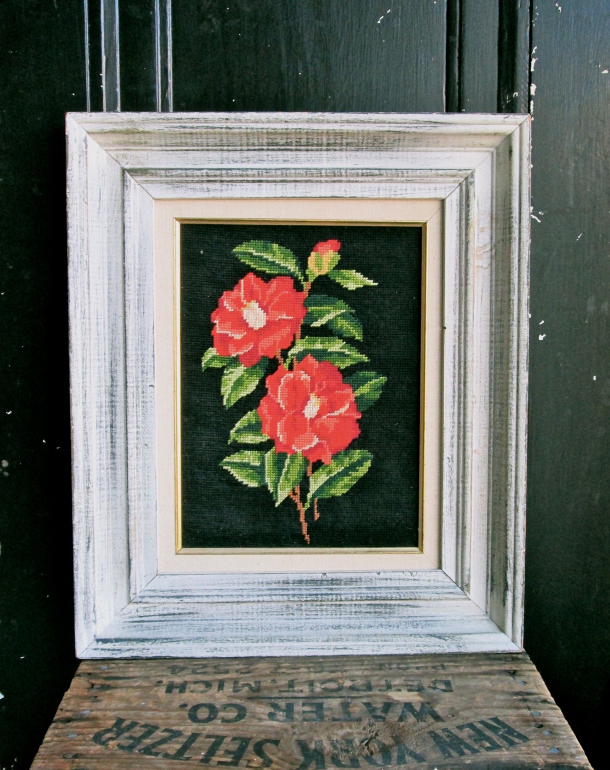 Needlepoint picture Red Roses Wood Frame Vintage Wall Hanging Retro Home Decor Boho shabby cottage bohemian granny chic