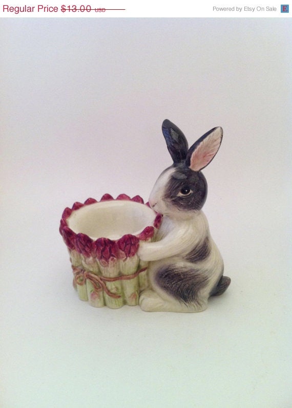 On Sale Vintage Fitz Floyd Bunny Egg Cup Asparagus Black White Bunny Green Pink Spring Easter