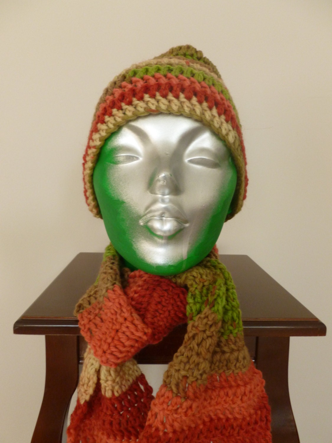Crocheted Variegated Rust, Brick, Green, Olive, Brown and Tan Hat and Scarf for Adult