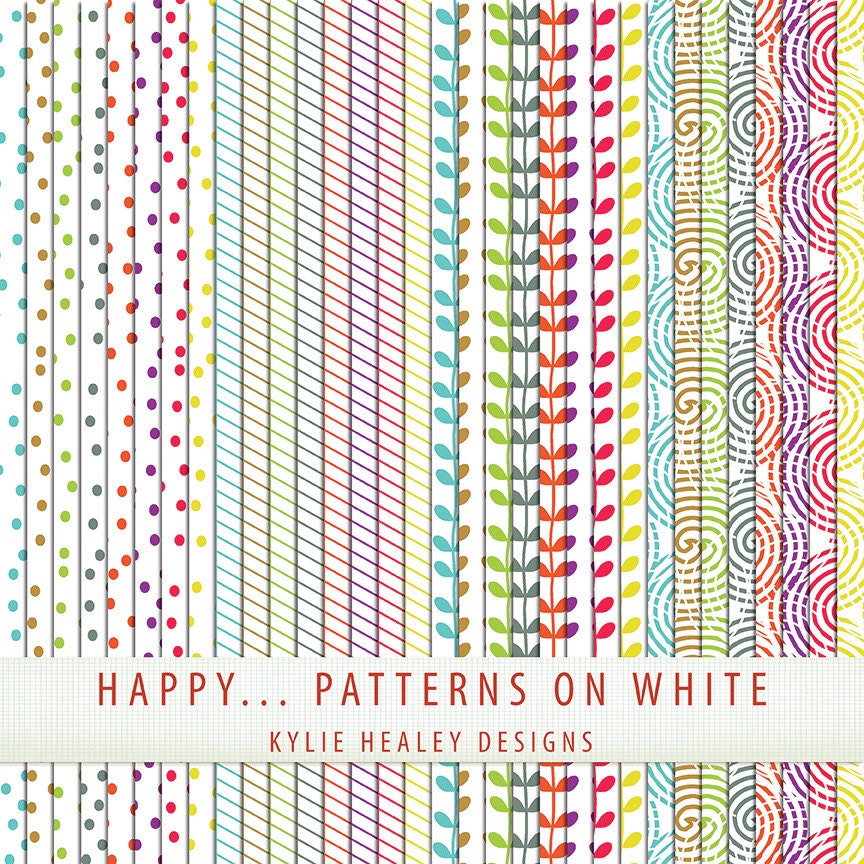 Digital Paper 32 Sheets -   The Happy Collection -   Patterns on White - Scrapbooking Commercial   Instant Download Cardstock
