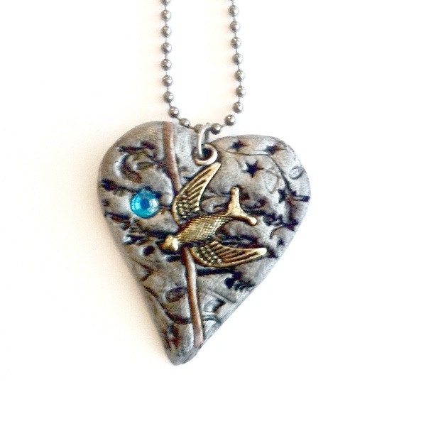 Steampunk Silver Mended Heart Necklace polymer clay heart Handmade Graduation Gift Free US Shipping