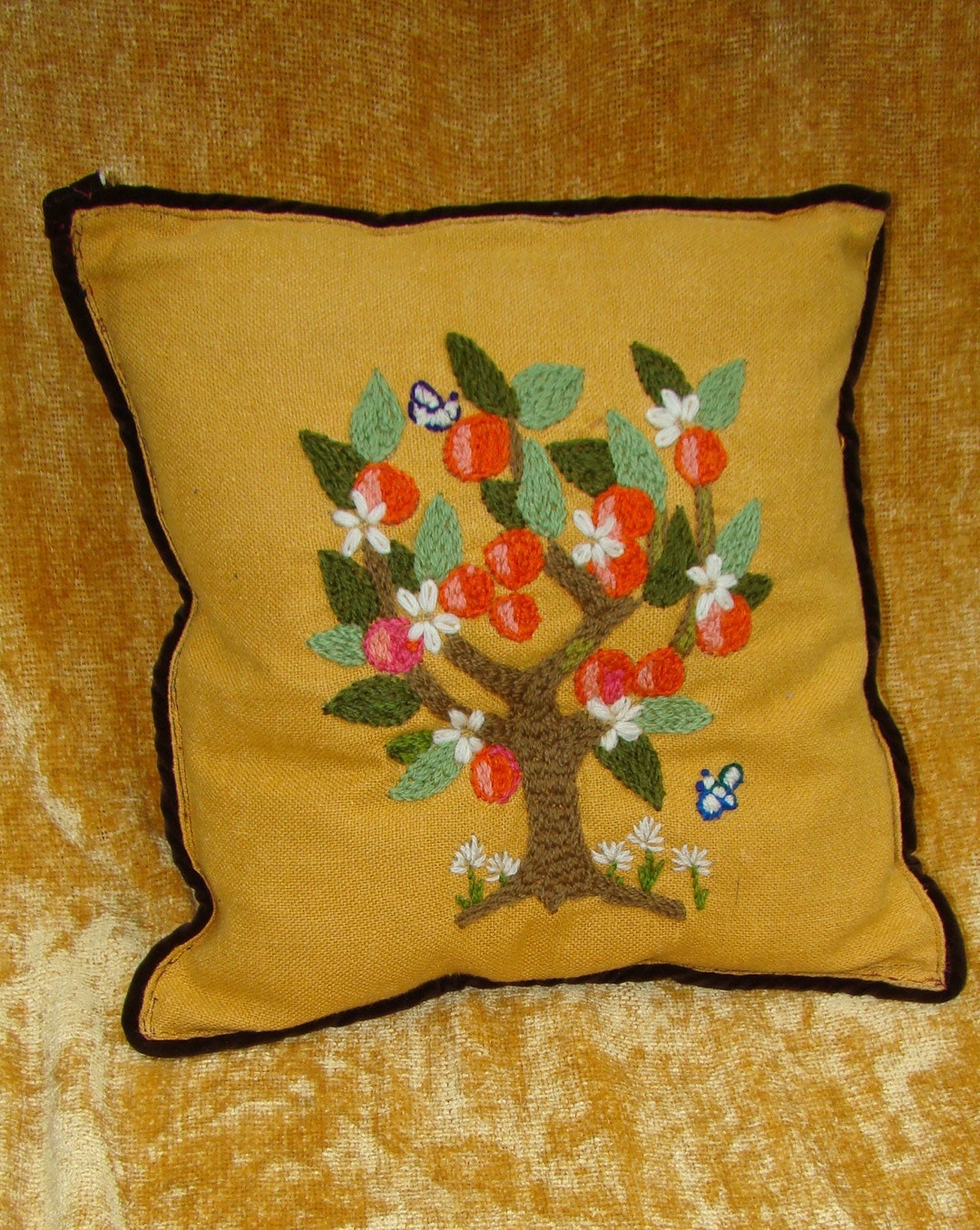 Vintage Embroidered Pillow. Embroidery, Crewel Handmade. Red-Berried Tree on Mustard Yellow Fabric with Brown Velvet Piping.