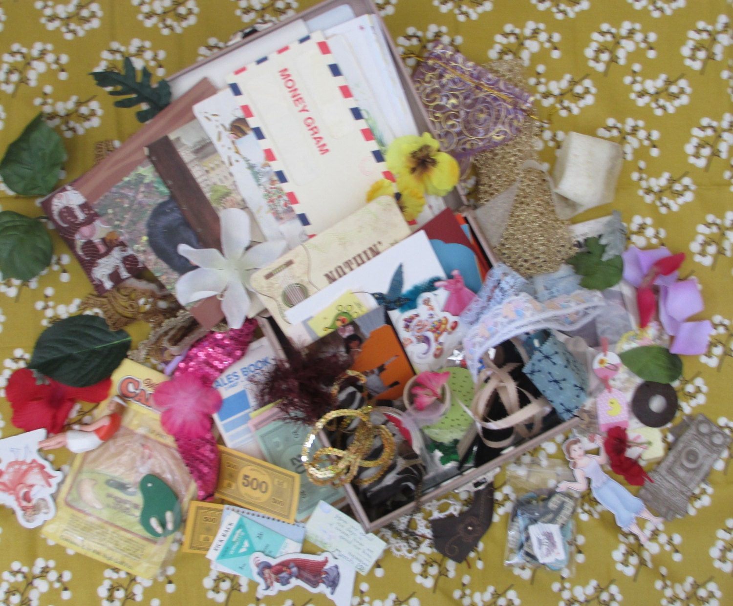Vintage metal box of treasures, inspiration kit. Over 300 pcs., overflowing with supplies for altered art, mixed media collage, scrapbooking