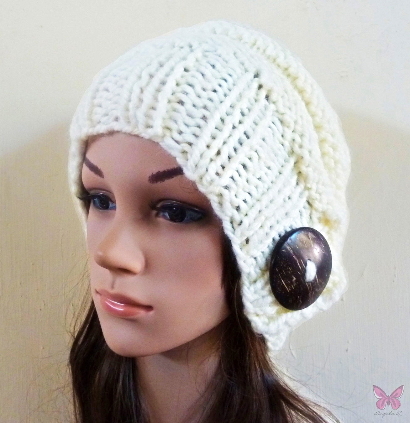 Slouchy beanie hat - CREAM - with button - hand knit - womens teen girls Winter accessories - Wool Woolen