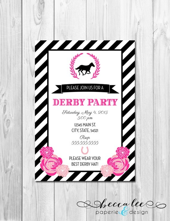 Derby Party Invitation - Black & White Stripe - Pink Floral - DIY - Printable Il_570xn