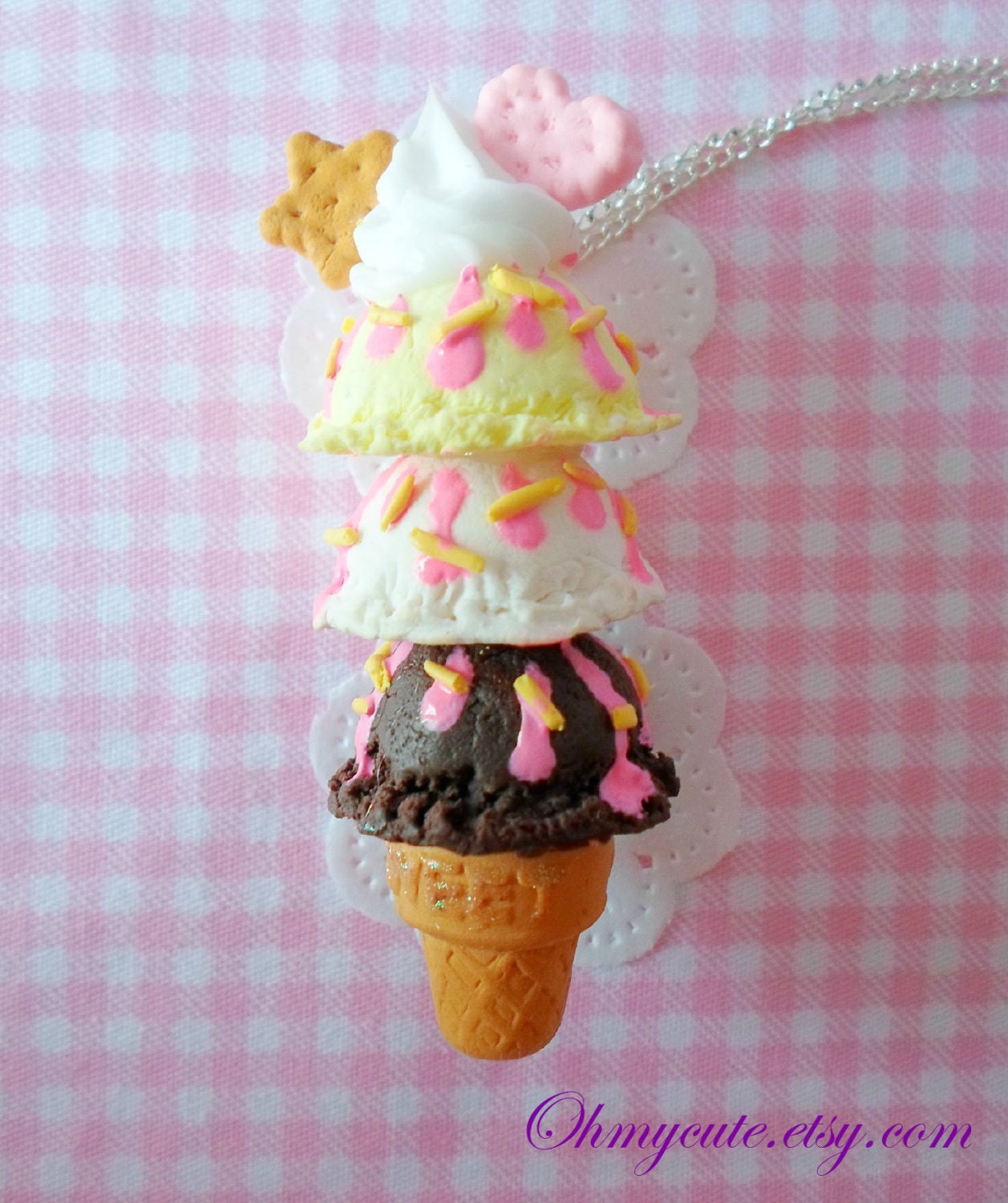 Ice Cream Cone Necklace -  Vanilla, Cream and Chocolate - Sweet Deco Decoden Cute Kawaii Handmade Miniature Sweet Jewelry
